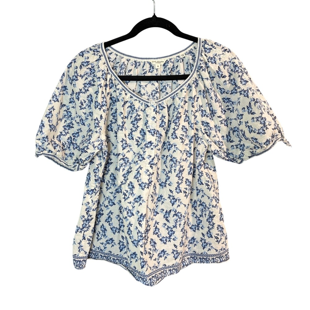 Max Studio London Floral Puff Sleeve Blouse Blue White Cotton Size M Boho Top